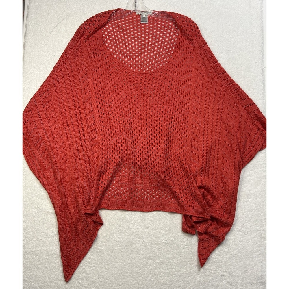 John Mark Womens Size L Orange Red Crotchet Knit Poncho Top (K2)